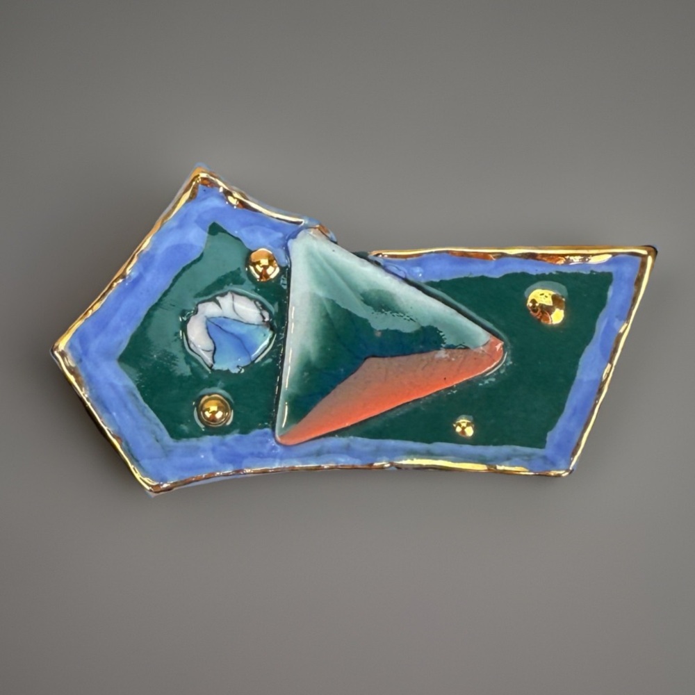 Vintage Goltone Blue Abstract Geometric Enamel Brooch